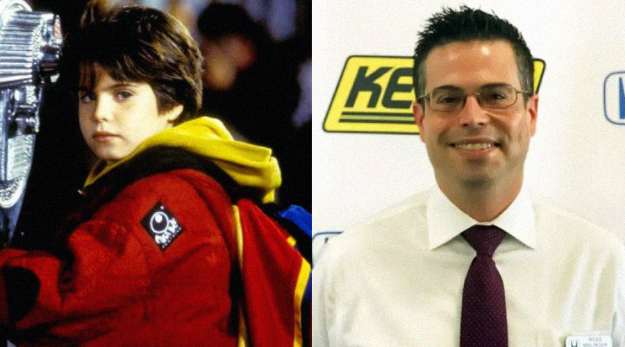 A side-by-side image showing a young boy in a red jacket with dark hair on the left, and an adult man with glasses and a tie smiling in front of a branded backdrop on the right.