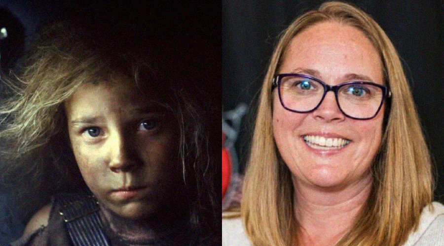 A split image: on the left, a young girl with messy hair and a dirty face; on the right, a smiling woman with glasses and straight hair, posing against a dark background.