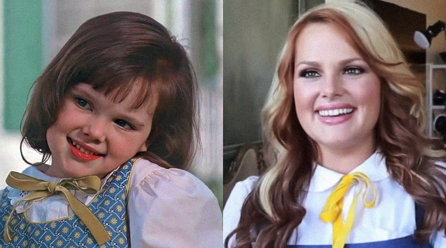 A side-by-side comparison shows a young girl with brown hair in a blue and yellow dress on the left, and an adult woman with similar features, long hair, and a matching color outfit smiling on the right.