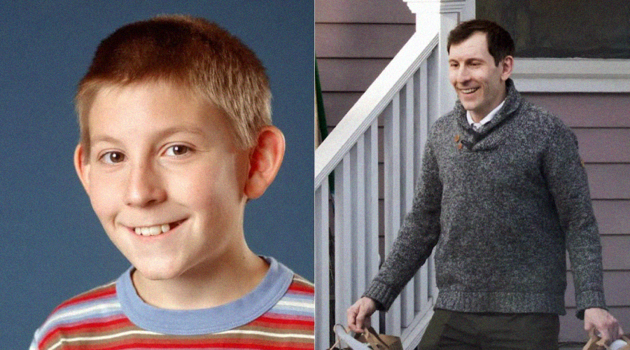 Side-by-side photos: on the left, a young boy with short hair and a striped shirt smiles at a studio backdrop; on the right, a man in a gray sweater smiles while standing outdoors near white steps.