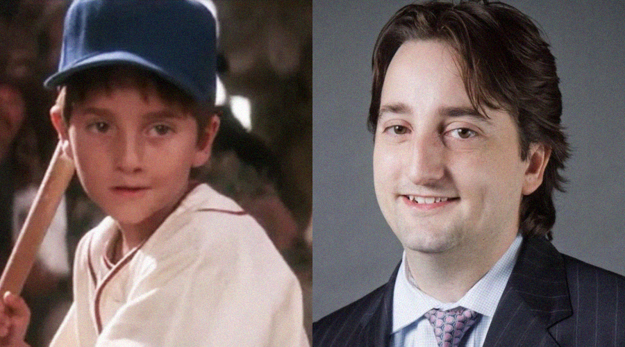 Side-by-side images: on the left, a young boy in a baseball uniform holding a bat; on the right, an adult man in a suit and tie smiling at the camera against a neutral background.