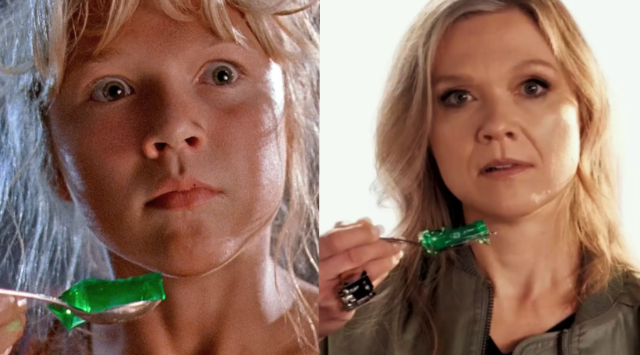 Side-by-side images of a young girl and an adult woman holding a spoon with green gelatin; both have similar facial expressions and are looking slightly off to the side.