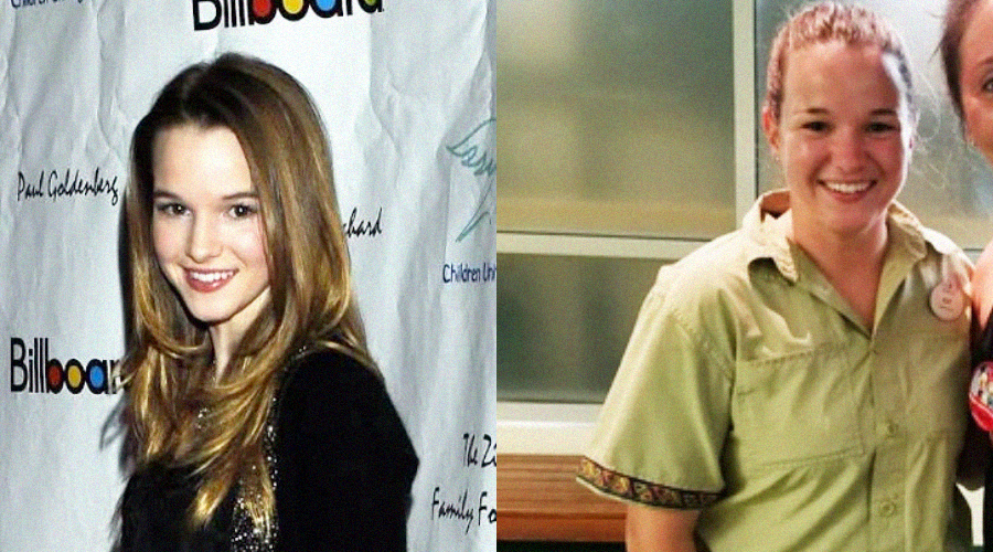 Side-by-side images of a young woman: on the left, she has styled hair and is dressed formally at an event; on the right, she wears a khaki uniform and smiles in a more casual setting.