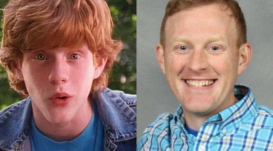 A side-by-side comparison of a young person with red hair, wearing a denim jacket and blue shirt, and an adult with similar red hair, smiling, wearing a blue plaid shirt in a professional portrait.