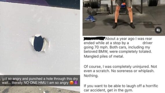 An image shows a punched hole in a white drywall with a Snapchat caption about anger, and a second image of a social media post describing a car accident and how gym training prevented injury.