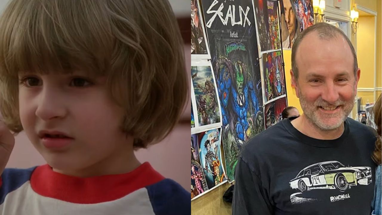 Side-by-side image of a young boy with shaggy hair and a man with short hair and a beard, standing in front of colorful posters at an indoor event.