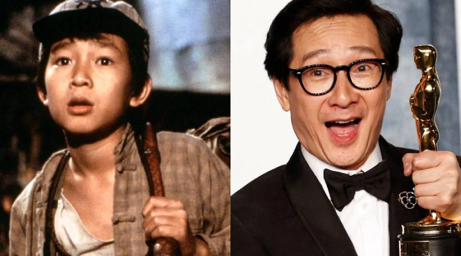 Side-by-side photos show a young boy in rugged clothing and cap on the left, and an adult man in glasses and a tuxedo joyfully holding an Oscar statuette on the right.