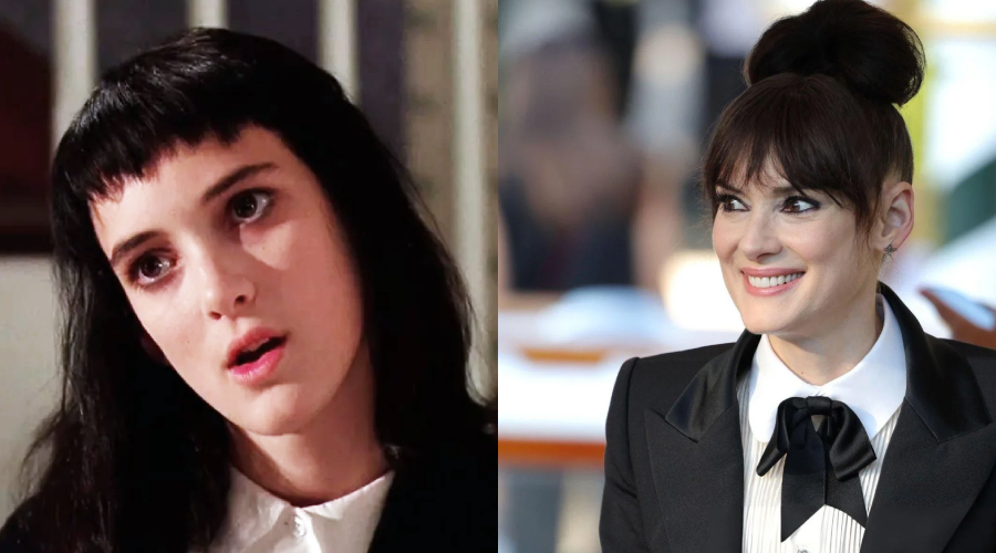 Side-by-side images show a young woman with dark hair and bangs in a white collar shirt on the left, and the same woman older, smiling in a suit with a large black bow on the right.