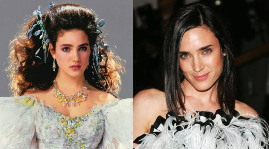 Side-by-side photos of a woman: on the left, she wears a white ball gown with elaborate hair and jewelry; on the right, she has straight dark hair, wearing a strapless feathered outfit, smiling at the camera.