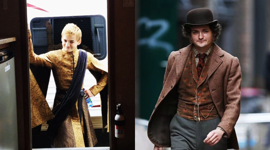 Two people in costume: on the left, a person in a gold medieval-style outfit with a black sash stands in a doorway; on the right, a person in Victorian-era clothing and a bowler hat walks outdoors.