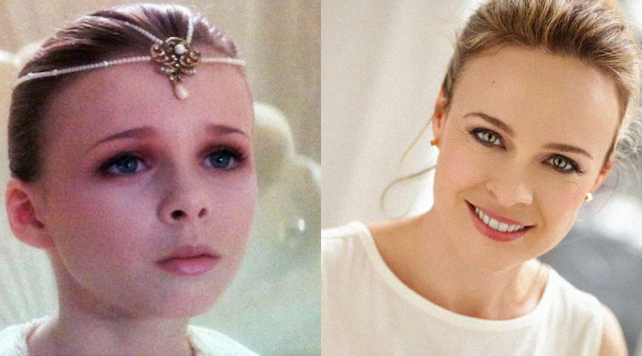 A side-by-side comparison of a young girl wearing a jeweled headpiece and a white dress on the left, and an adult woman with light brown hair smiling in a white top on the right.