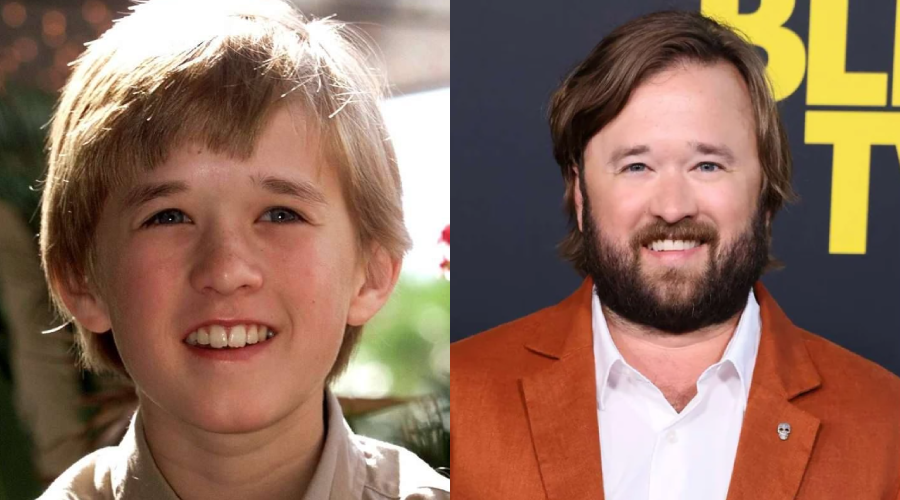 A side-by-side comparison shows a boy with light brown hair smiling on the left, and the same person as an adult with a beard and wearing an orange jacket on the right.