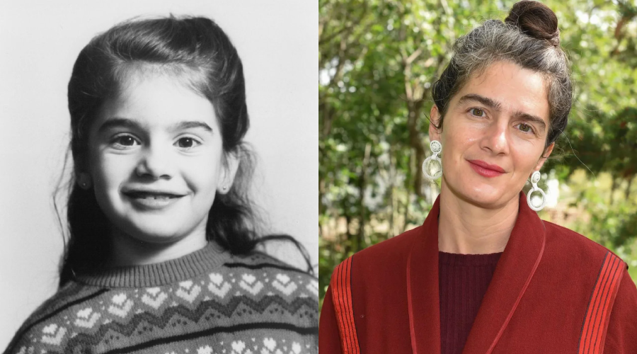 A side-by-side comparison shows a young girl in a patterned sweater on the left and an adult woman with streaked hair, red lipstick, and earrings, standing outdoors, on the right.