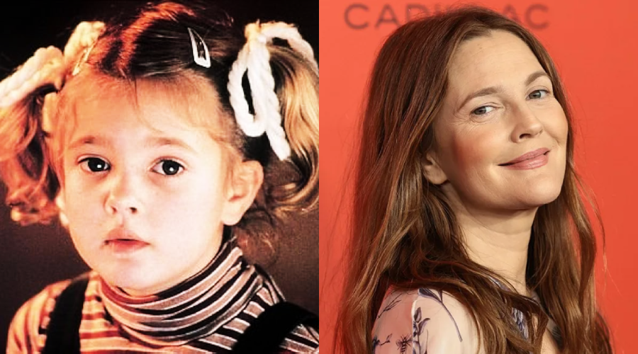 Side-by-side photos of a young girl with pigtails and a striped shirt on the left, and an adult woman with long light brown hair smiling in front of a red background on the right.