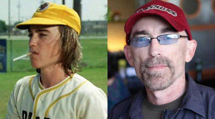 A split image shows a young baseball player in a yellow cap and jersey smoking a cigarette on the left, and an older man with glasses, a red cap, and a beard on the right.
