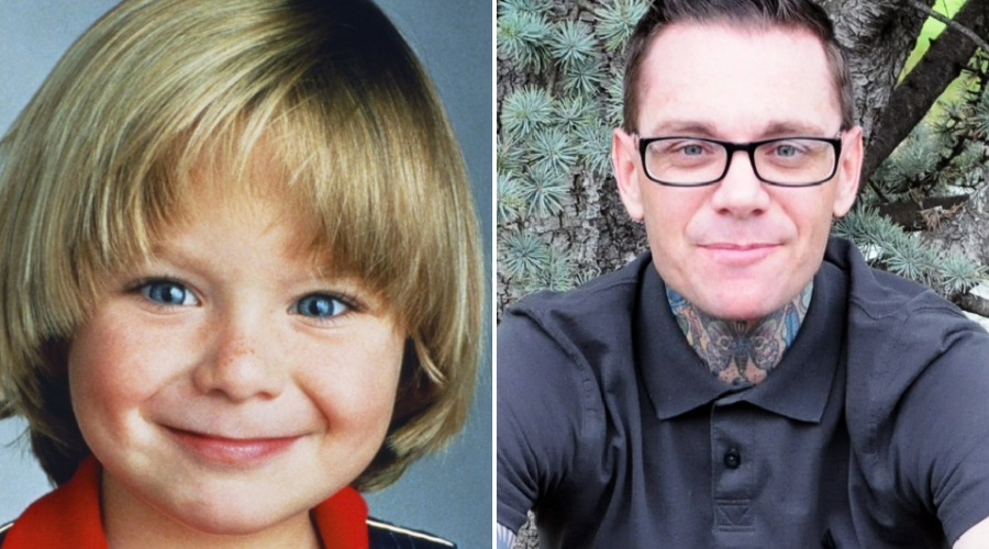 A split image shows a smiling young child with blond hair and blue eyes on the left, and an adult with glasses, tattoos, and short dark hair posing outdoors on the right.