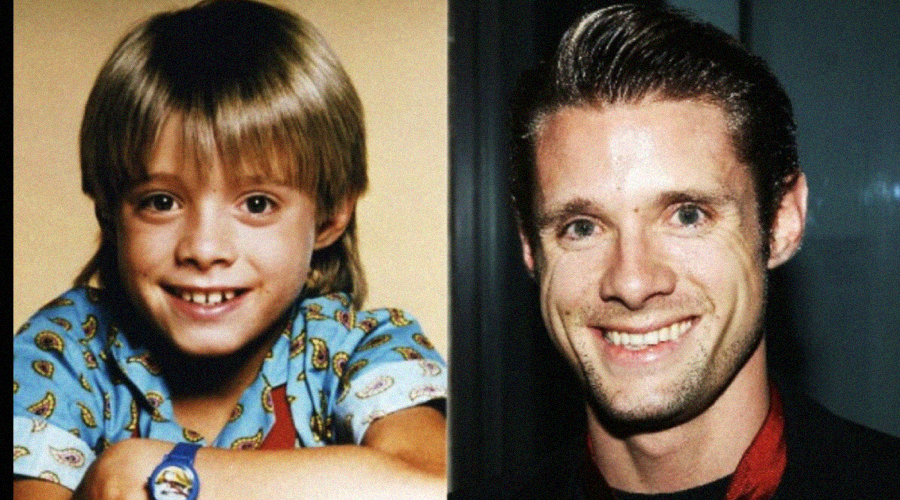 Side-by-side photos: on the left, a young blond boy with a bowl haircut, smiling and wearing a patterned shirt; on the right, an adult man with styled hair and a wide smile, wearing a dark jacket.