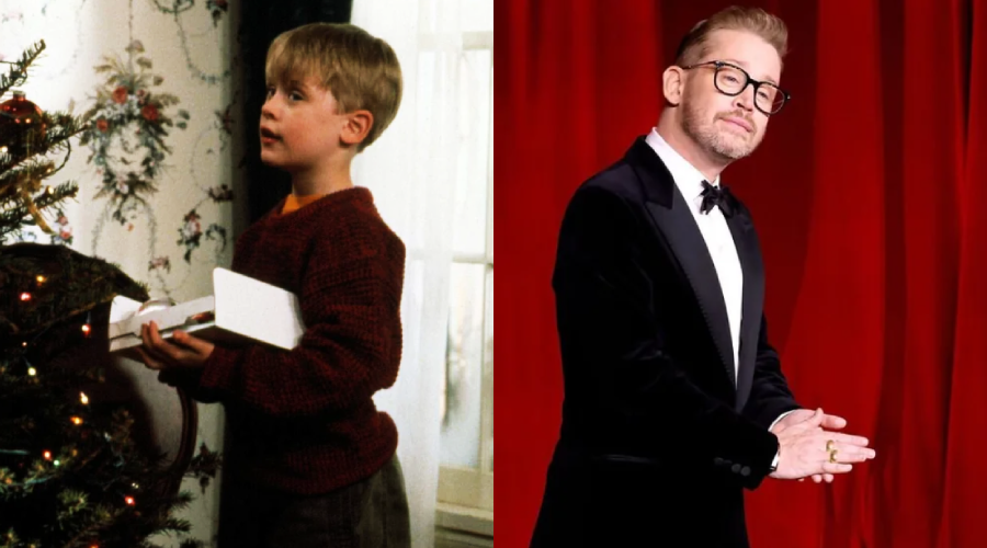 A split image showing a young boy with blond hair holding a gift by a Christmas tree on the left, and an adult man in a tuxedo and glasses standing in front of a red curtain on the right.