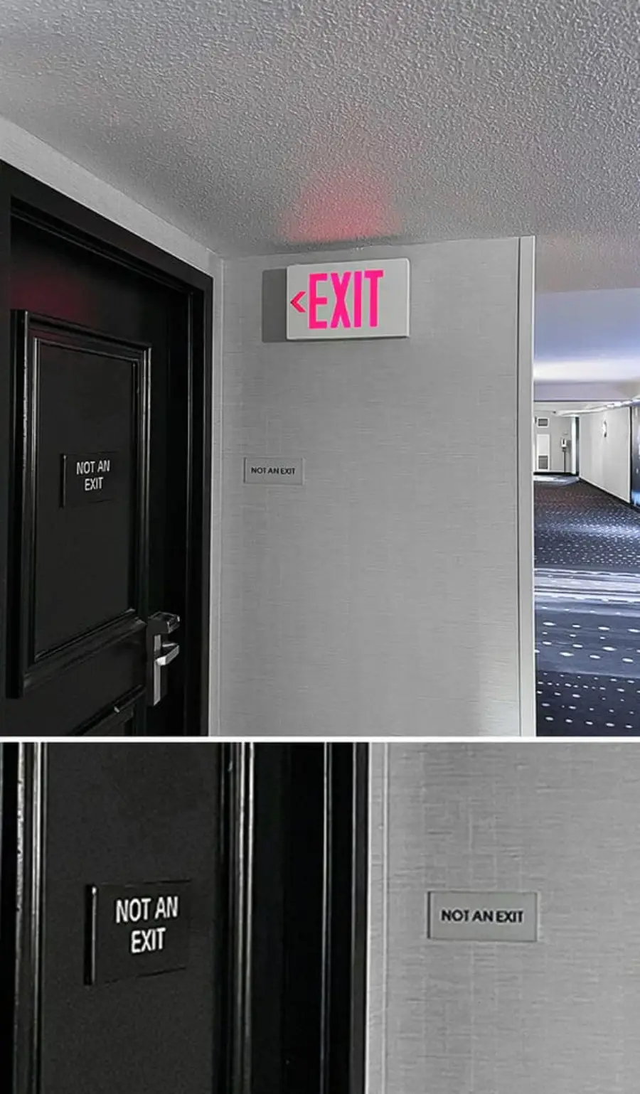 A hallway with an illuminated exit sign above a door, but two signs next to the door state "NOT AN EXIT." The corridor is visible in the background.
