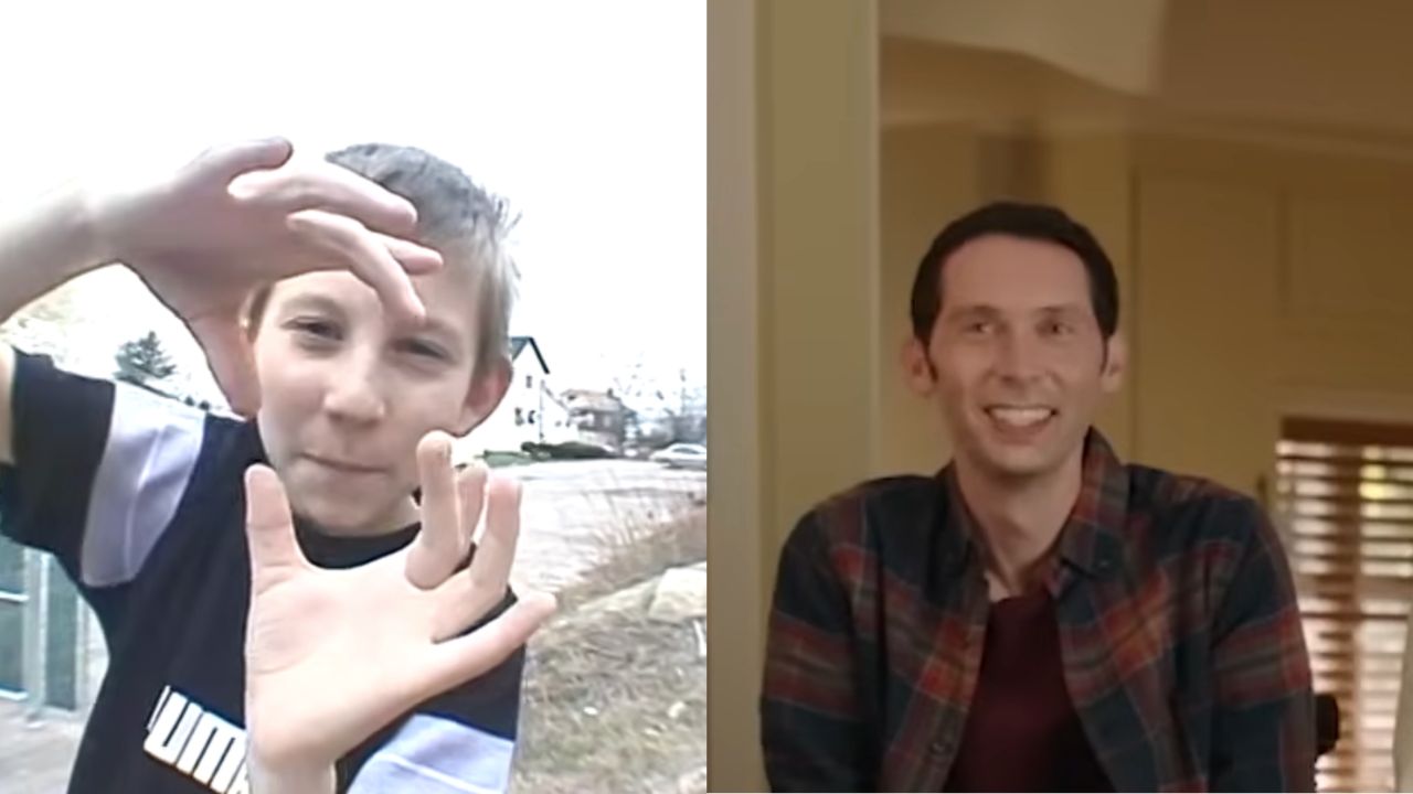 Split image: On the left, a boy outdoors makes shapes with his hands. On the right, an adult man smiles indoors, wearing a plaid shirt.