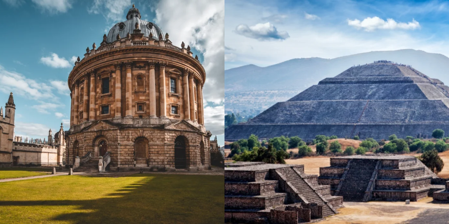 A split image showing two landmarks: on the left, the circular Radcliffe Camera in Oxford, England; on the right, the stepped Pyramid of the Sun in Teotihuacan, Mexico, with mountains in the background.