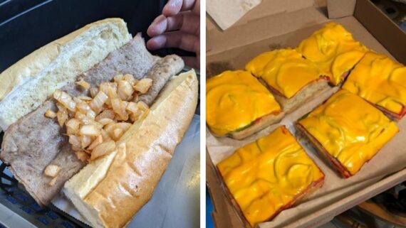 A split image shows a sandwich with chopped onions on a pale sausage in a bun on the left, and four rectangular bread slices topped with melted yellow cheese in a pizza box on the right.