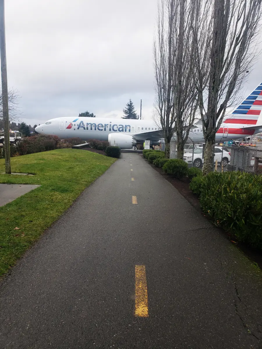 A paved walking path leads directly to an American Airlines airplane parked near a fence, with grass, trees, and overcast sky surrounding the area.