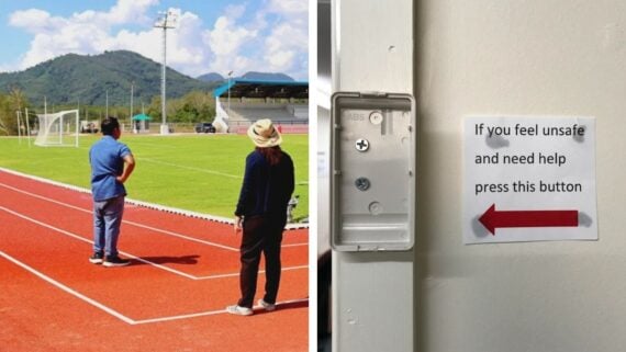 Left: Two people stand on a red running track near a field with mountains in the background. Right: An empty button panel next to a sign that reads, "If you feel unsafe and need help press this button," with an arrow pointing left.