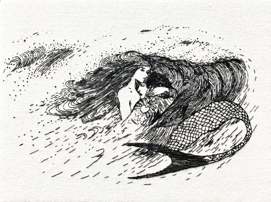 A black-and-white sketch of a mermaid holding a young person, both partly submerged in swirling water, with the mermaid's long hair and fish tail flowing around them.
