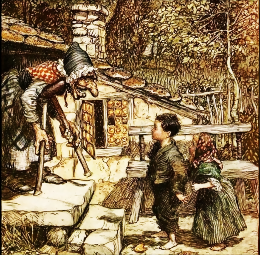 An old woman with a cane stands at the steps of a rustic, crooked cottage, facing a young boy and girl holding hands. The scene is set in a wooded area with trees and a wooden fence.