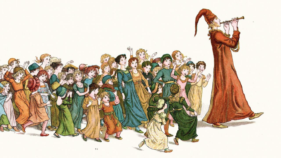 An illustration of the Pied Piper in a red hat and robe playing a flute while leading a large group of children, dressed in colorful old-fashioned clothes, who are following him joyfully.