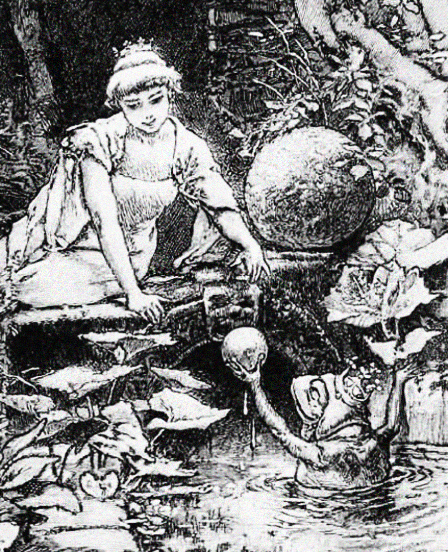 A young woman kneels by a pond, reaching toward a frog that holds a ball in its mouth. Large leaves and plants surround the water, and a stone sphere sits nearby. The scene is detailed in a black-and-white illustration style.