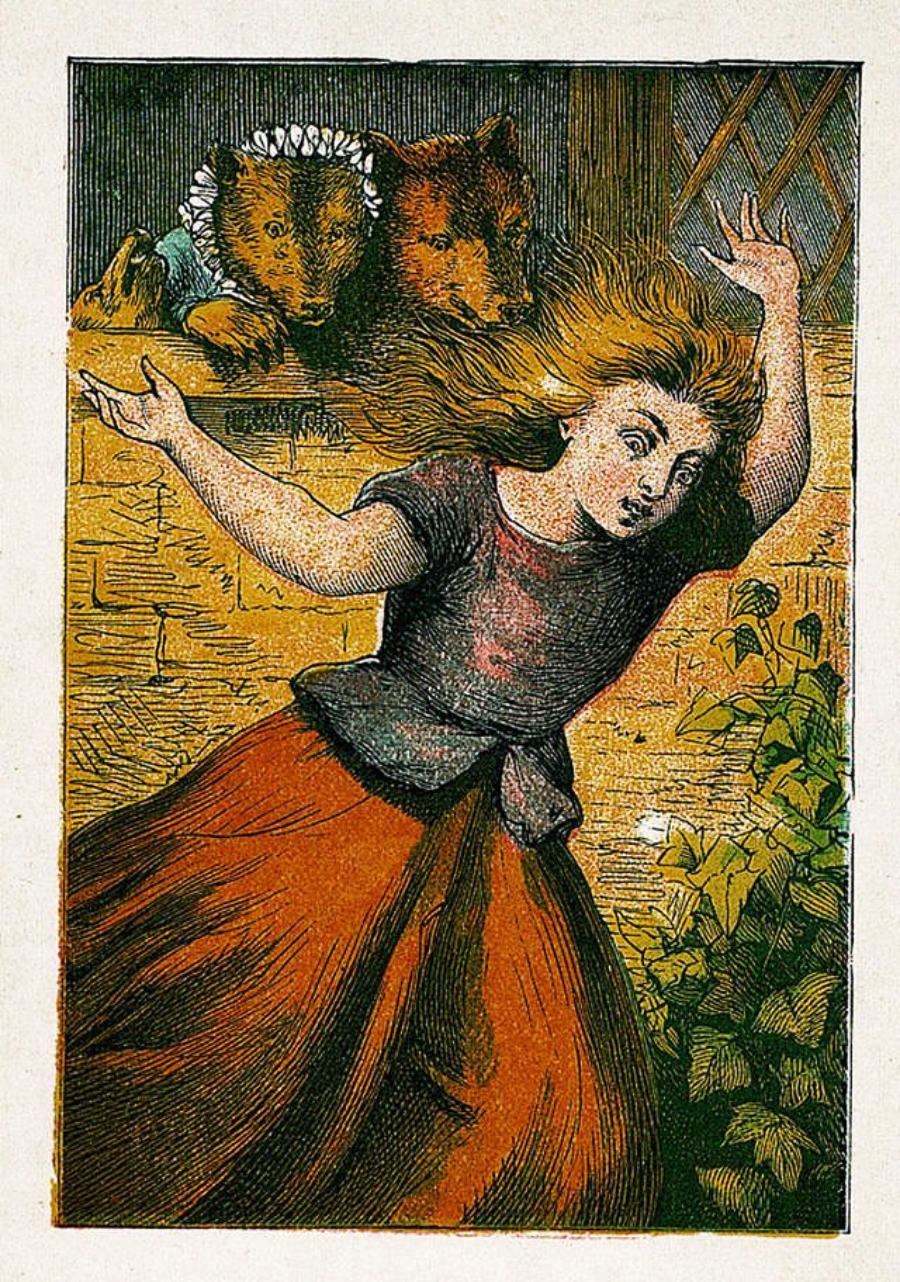 Illustration of a startled young girl with flowing blonde hair and a red skirt, fleeing outdoors as three bears, two large and one small, look out from an open window in the background.