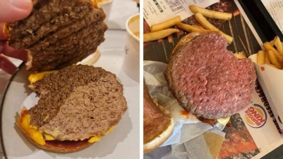 Side-by-side photos show two unappetizing cheeseburgers. The left patty is pale with bubble-like spots; the right patty appears undercooked and pink. Both are open-faced with fries and burger wrappers nearby.