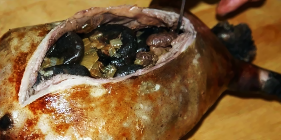 A cooked seal with its body cut open, revealing a stuffing of meat and vegetables inside. A hand holding a utensil is seen near the opening.