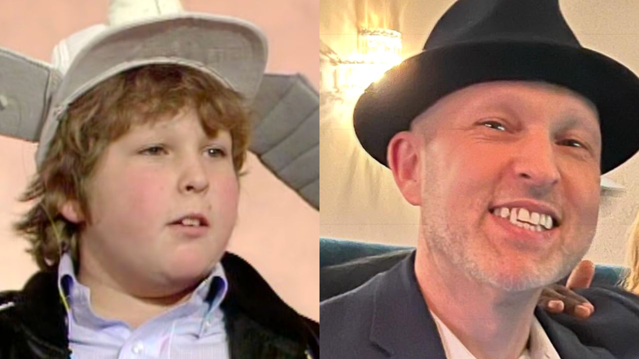 Side-by-side photos of a person as a child, wearing a white hat, and as an adult, smiling and wearing a black hat and jacket.