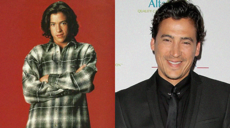 Side-by-side images: on the left, a young man with long hair in a plaid shirt poses with folded arms against a red background; on the right, a man with short dark hair in a black suit smiles at an event.
