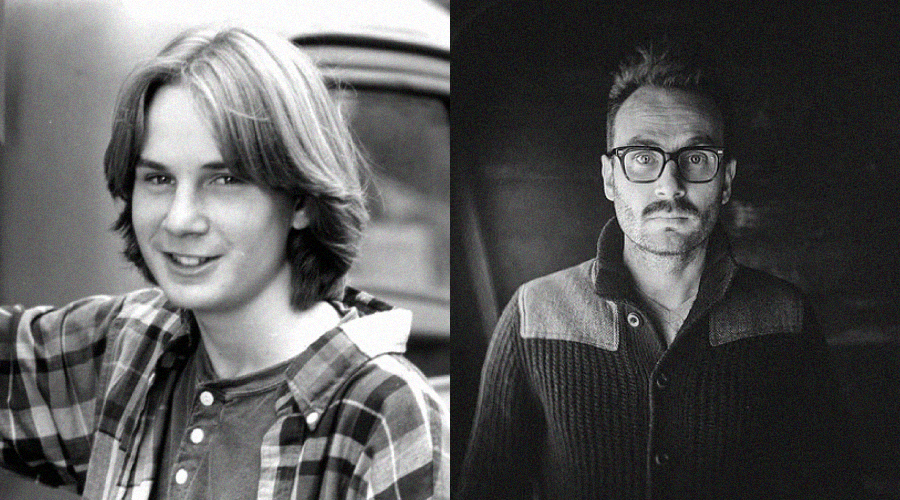 A side-by-side black and white photo shows a smiling teenage boy with medium-length hair in casual clothes on the left, and an adult man with glasses, mustache, and sweater, looking serious on the right.
