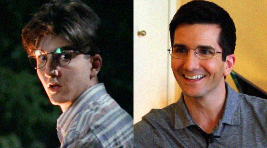 Side-by-side images: on the left, a young person with glasses and brown hair looks surprised; on the right, the same person older, smiling and wearing similar glasses and a gray polo shirt indoors.
