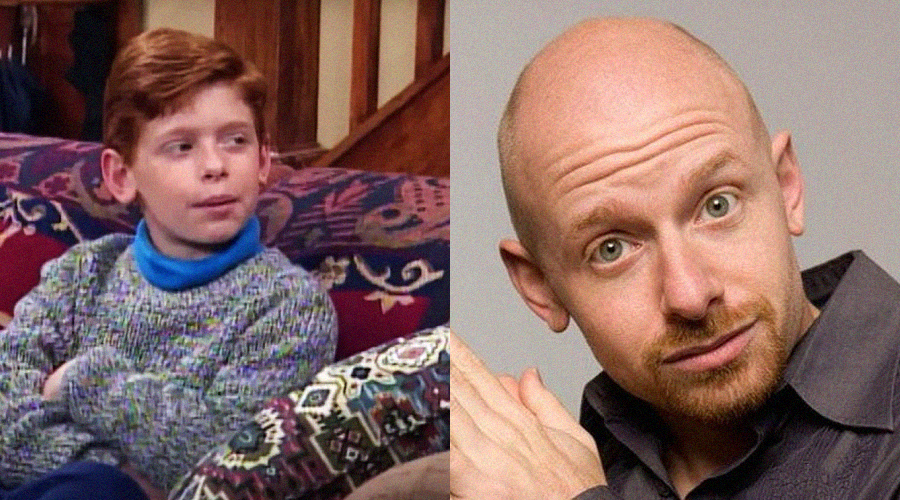 Side-by-side photos: on the left, a red-haired boy sits on a patterned couch wearing a multicolored sweater and blue turtleneck; on the right, a bald man with a close beard looks at the camera with his hands together.