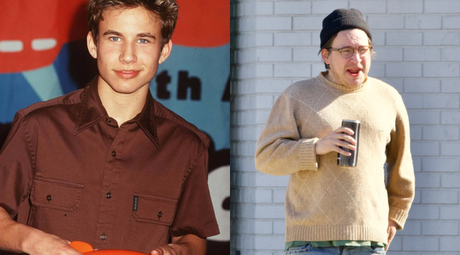 Side-by-side photos: On the left, a young man with short brown hair in a brown shirt stands smiling. On the right, an older man wearing glasses, a dark beanie, tan sweater, and jeans holds a drink outside.