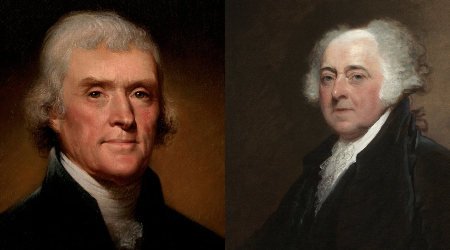Two painted portraits of older men in formal 18th-century attire, both with white hair and neutral expressions, shown against dark backgrounds.
