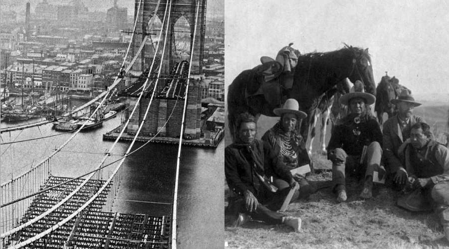 Split image: Left shows the Brooklyn Bridge under construction above the river in a historic cityscape; right shows a group of Native American men and horses posing outdoors in traditional clothing.