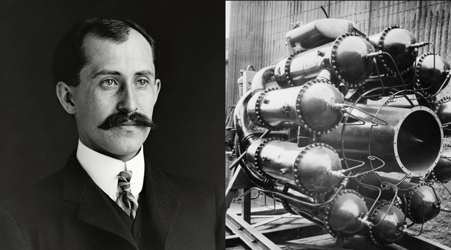 A black-and-white image split in two: on the left, a man in a suit with a mustache; on the right, a close-up of a complex rocket engine with multiple spherical tanks and pipes.