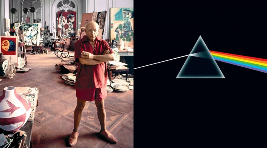 A man in a red shirt and shorts stands with arms crossed in an art-filled studio. Next to him is the prism and rainbow cover art from Pink Floyd’s "The Dark Side of the Moon" album on a black background.