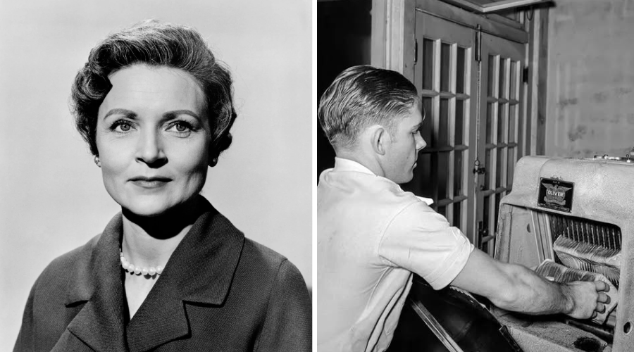 A black-and-white split image: on the left, a woman with short hair and a pearl necklace poses for a portrait; on the right, a man loads dishes into an old-fashioned dishwasher.
