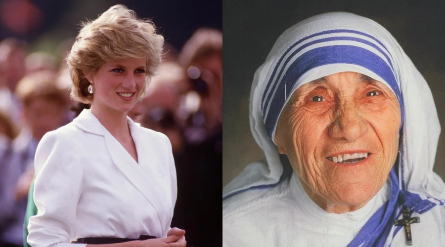 A split image shows, on the left, a smiling woman with short blonde hair wearing a white suit outdoors, and on the right, an elderly woman with deep wrinkles, smiling and wearing a white and blue headscarf.
