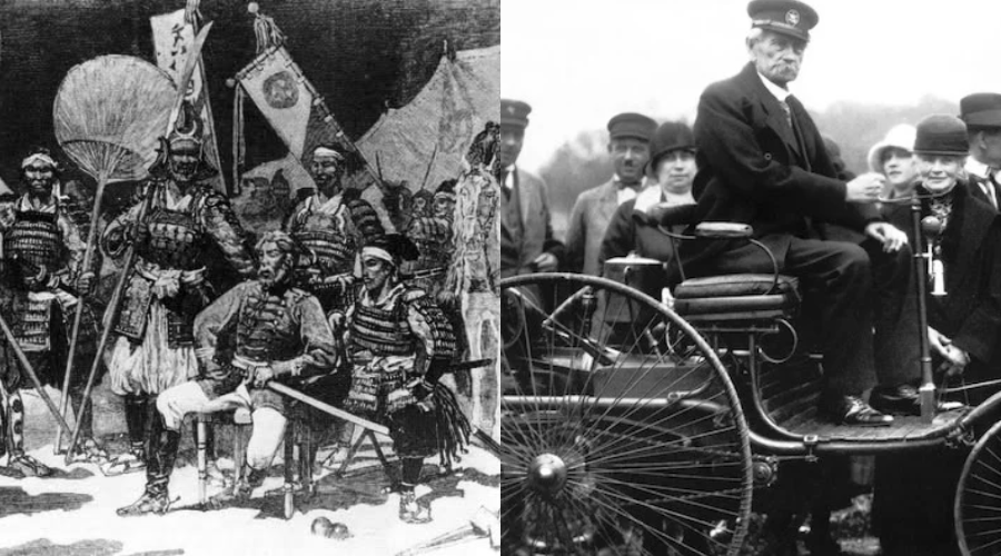 A split image: on the left, a historical illustration of Japanese samurai in traditional armor; on the right, a black-and-white photo of an early 20th-century man driving a vintage car, surrounded by onlookers.