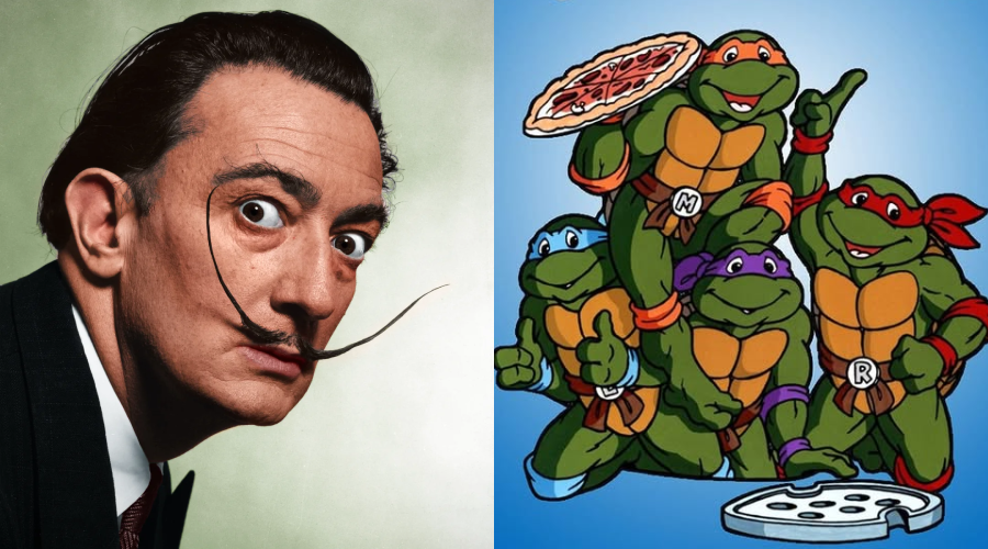 On the left, a man with a dramatic mustache stares wide-eyed; on the right, four cartoon ninja turtles pose cheerfully with pizza.