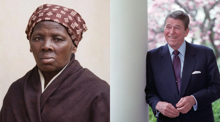 A split image: on the left, a woman in a patterned headscarf and dark shawl with a serious expression; on the right, a man in a suit smiling and standing by a white column with trees in the background.